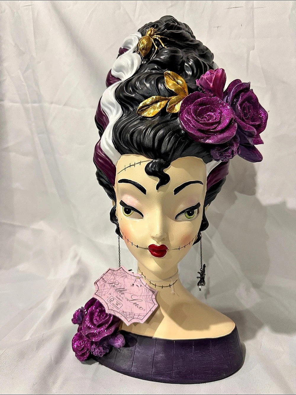 Bella Lux Bride of Frankenstein Bust Purple Roses Spider Halloween Decor NWT